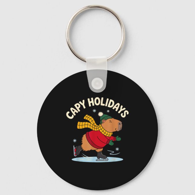 Capy Holidays Ice Skating Capybara Funny Xmas Chri Keychain (Front)
