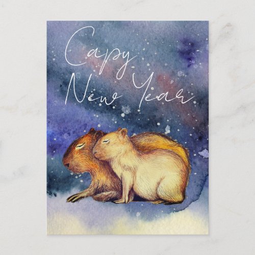 Capy New Year Cute Watercolor Capybara Baby  Mom  Postcard