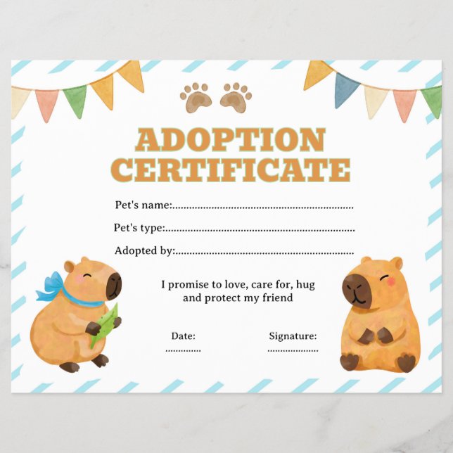 Capybara adopt a pet certificate editable flyer (Front)