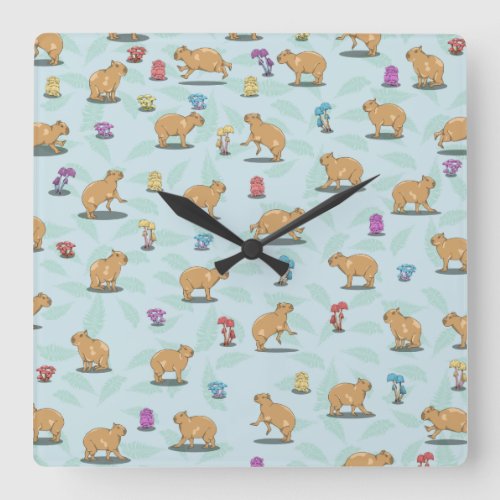Capybara and mushroom pattern square wall clock