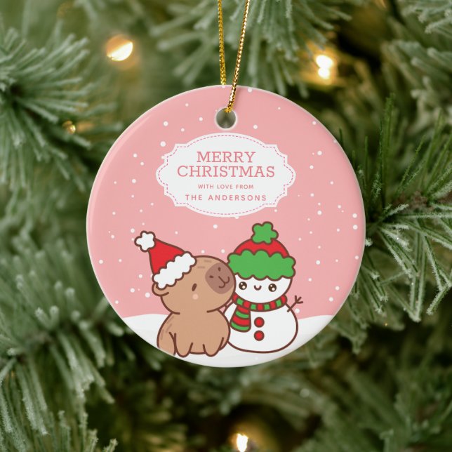 Capybara And Snowman Cute Merry Christmas Ceramic Ornament (Tree)
