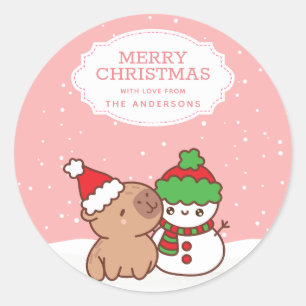 Capybara And Snowman Cute Merry Christmas Classic Round Sticker