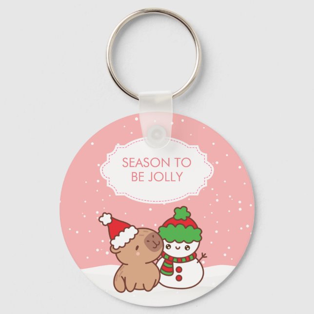  Capybara And Snowman Season To Be Jolly Cute Xmas Keychain (Front)