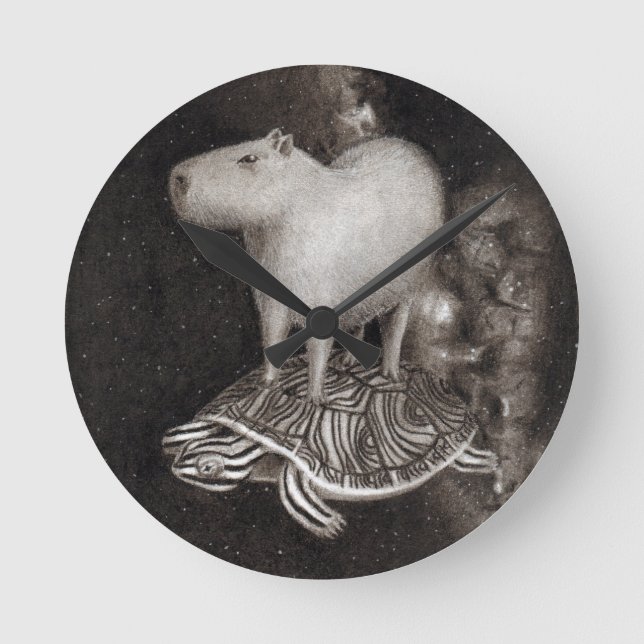 Capybara and Terrapin flying through space drawing Round Clock (Front)