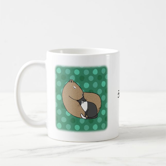 Capybara and Tuxedo Cat Friendship Custom Name Coffee Mug (Left)