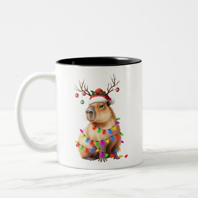 Capybara Animal Lover Christmas Lights Cappy Xmas Two-Tone Coffee Mug (Left)