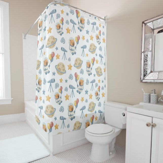 Capybara Astronaut Pattern Shower Curtain (In Situ)
