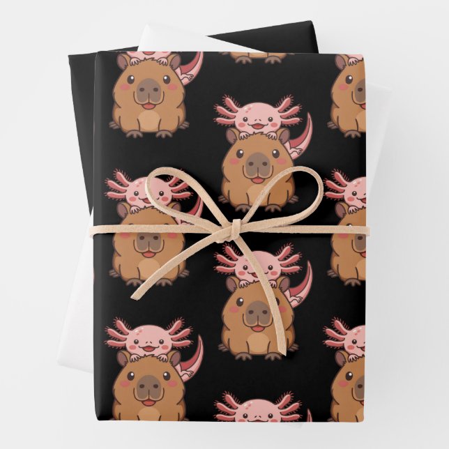 Capybara Axolotl Kawaii Animal Lover Zoo Day Wrapping Paper Sheets (In situ)