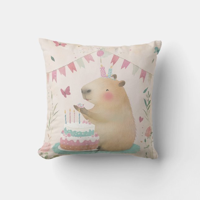 Capybara Birthday Bash Throw Pillow (Front)