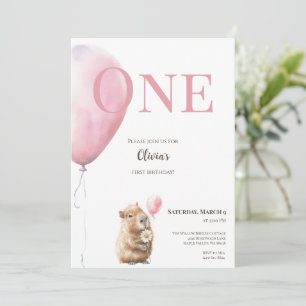 Capybara Birthday Invitation • Pink Balloon