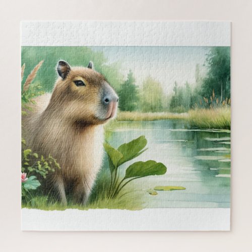 Capybara by the Pond REF23 _ Watercolor Jigsaw Puzzle