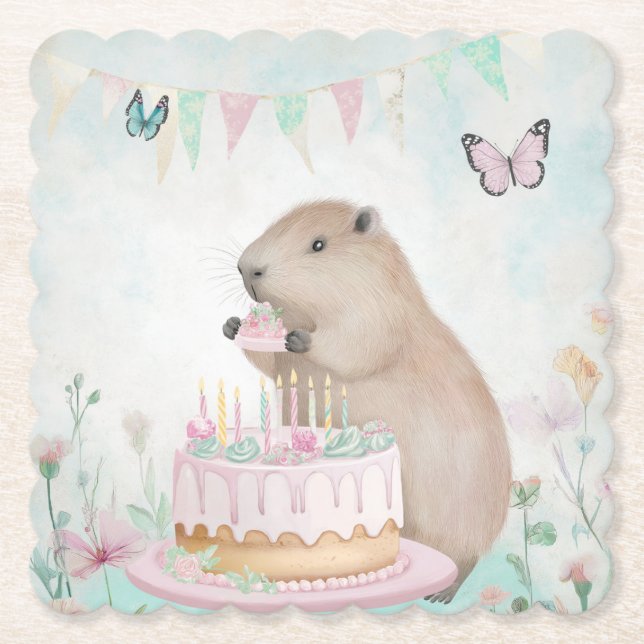 Capybara Cakefest Kids Party Paper Coaster (Front)