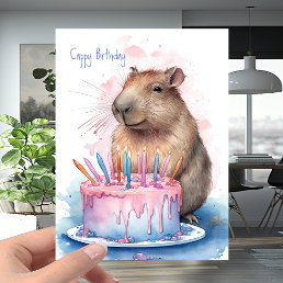 Capybara + Candles Cake - &quot;Cappy&quot; Happy Birthday Card