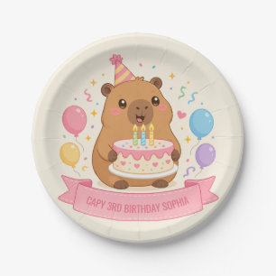 Capybara Capy 3rd Birthday Girl Name Pink Ribbon Paper Plates