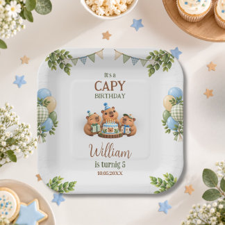 Capybara Capy Party Cute Blue Kawaii Boy Birthday Paper Plates