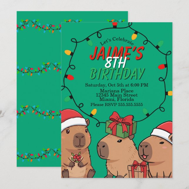 Capybara Christmas Lights Birthday Party  Invitation (Front/Back)