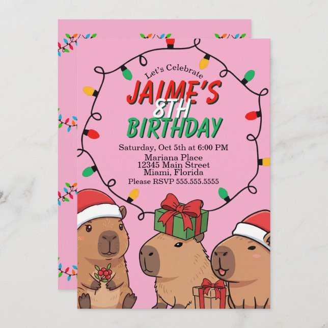 Capybara Christmas Lights Birthday Party  Invitation (Front/Back)