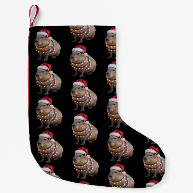 Capybara Christmas Lights Xmas Holiday Cappy  Small Christmas Stocking (Front)