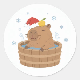Capybara Christmas Onsen Santa Hat Classic Round Sticker