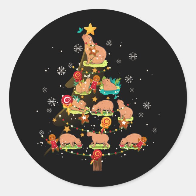 Capybara Christmas Tree Merry Christmas animal zoo Classic Round Sticker (Front)