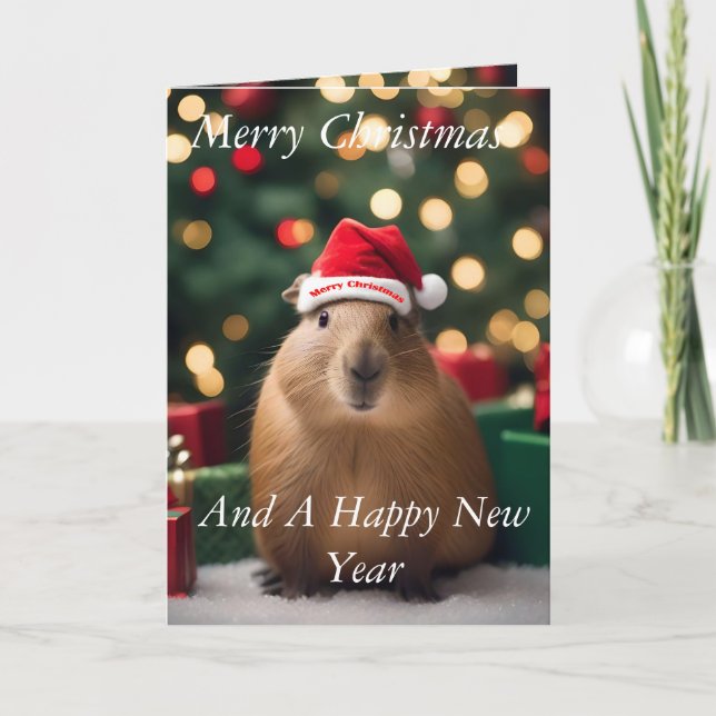 "Capybara Claus: A Festive Bokeh Wonderland" Card (Front)