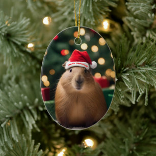 "Capybara Claus: A Festive Bokeh Wonderland" Ceramic Ornament