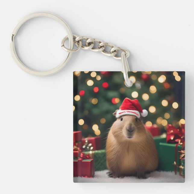 "Capybara Claus: A Festive Bokeh Wonderland" Keychain (Front)