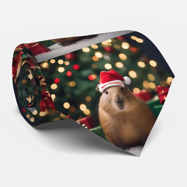 "Capybara Claus: A Festive Bokeh Wonderland" Neck Tie (Rolled)