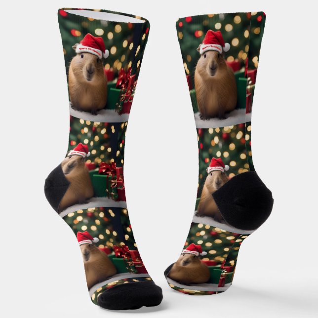 "Capybara Claus: A Festive Bokeh Wonderland" Socks (Angled)
