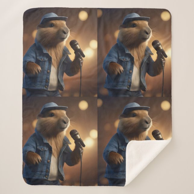 "Capybara Cowboy: Serenading the Wild West" Sherpa Blanket (Front)