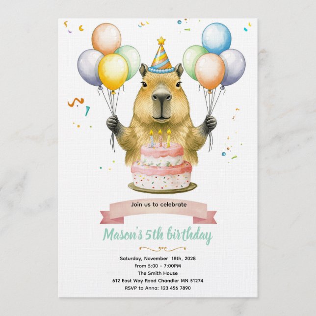 Capybara cute birthday invitation (Front)