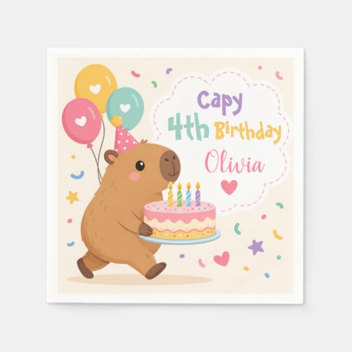 Capybara Cute Capy 4th Birthday Girl Pink Cake Napkins