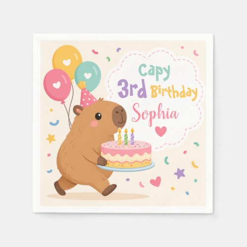 Capybara Cute Girl Capy 3rd Birthday Pink Cake  Napkins