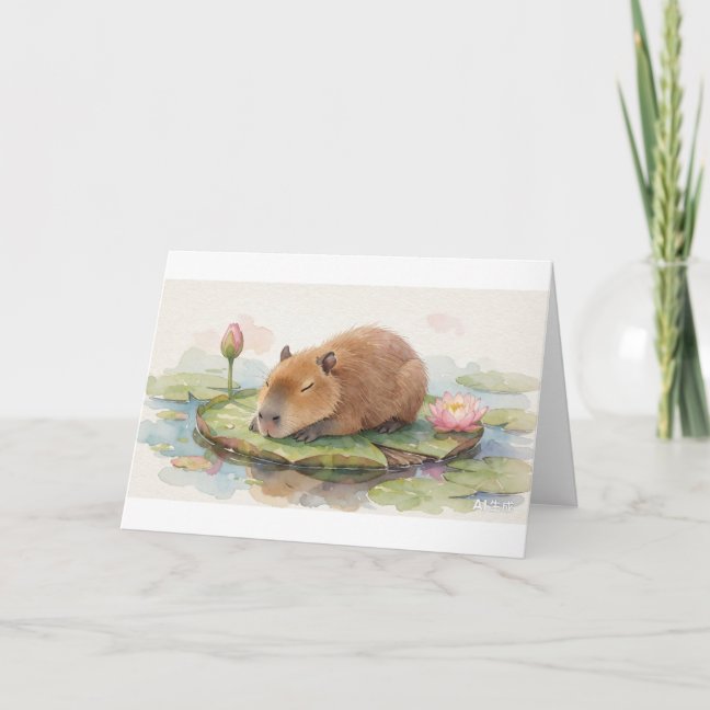 Capybara Dozing On The Floating Lily Platform Gree Card