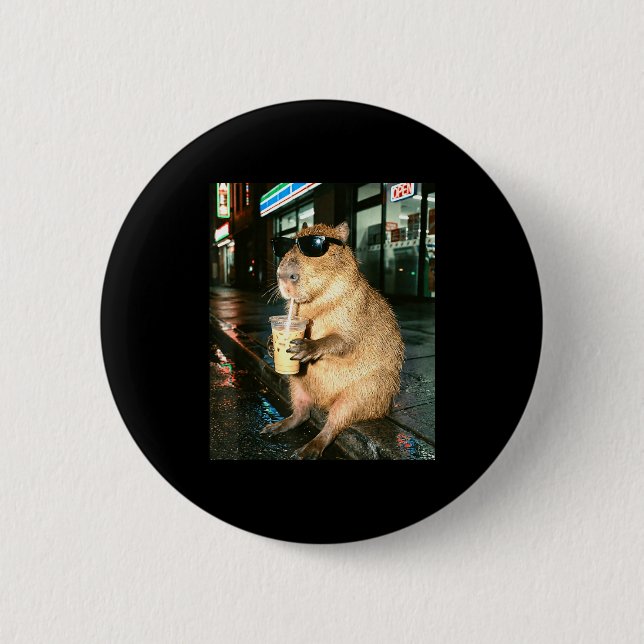 Capybara drinking iced coffee, capybara photo meme button (Front)