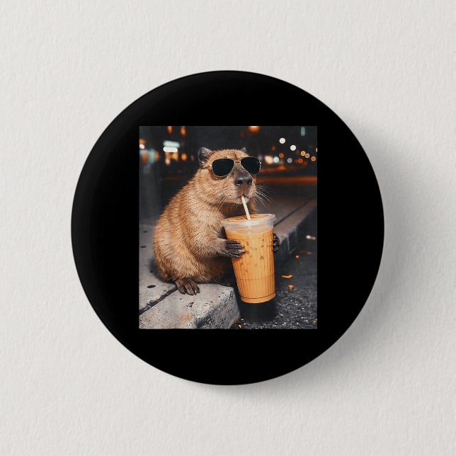 Capybara Drinking Iced Coffee Funny Animal Meme Button (Front)