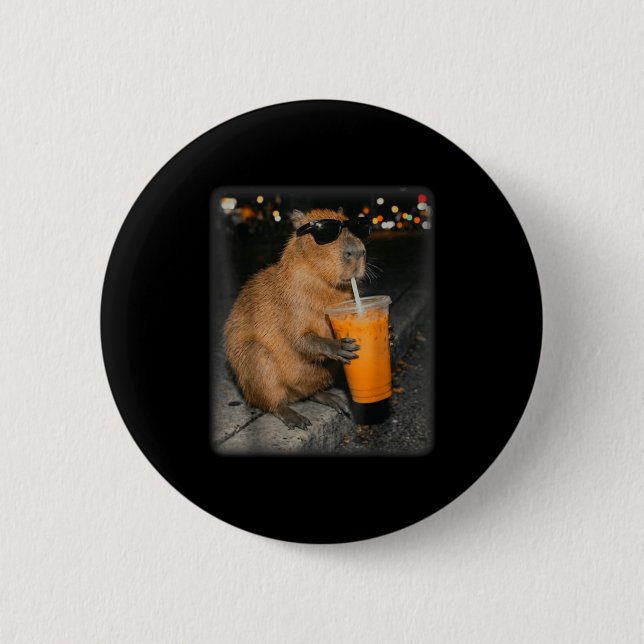 Capybara drinking iced coffee funny animal meme  button (Front)