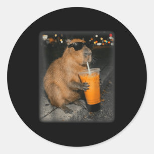 Capybara drinking iced coffee funny animal meme  classic round sticker
