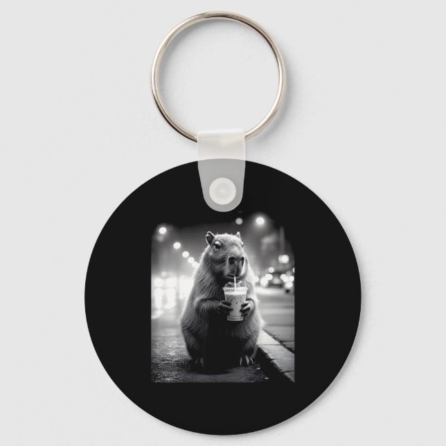 Capybara drinking iced coffee funny animals meme keychain (Front)