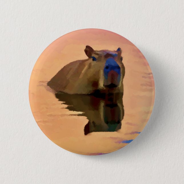 Capybara Emerging From a Tranquil Lake Button (Front)