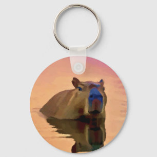Capybara Emerging From a Tranquil Lake Keychain