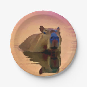Capybara Emerging From a Tranquil Lake Paper Plates