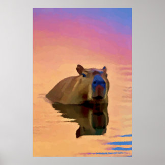 Capybara Emerging From a Tranquil Lake Poster