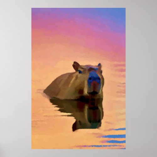 Capybara Emerging From a Tranquil Lake Poster