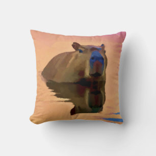 Capybara Emerging From a Tranquil Lake Throw Pillow