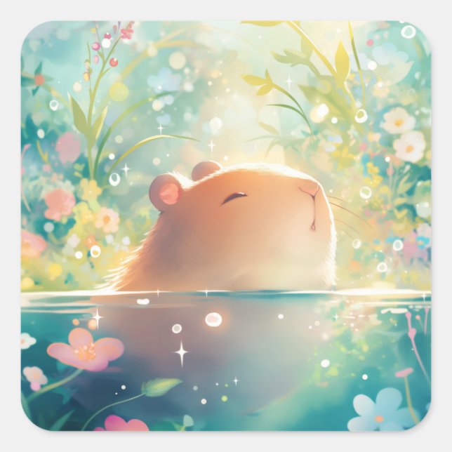 Capybara Floral Garden Pond Square Sticker (Front)