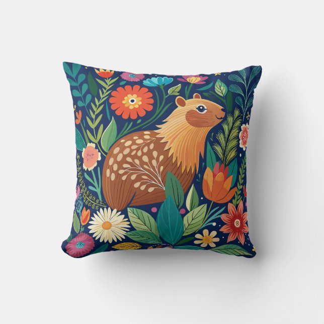 Capybara Floral Throw Pillow (Front)