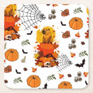 Capybara Halloween. Witch Pumpkin. Square Paper Coaster