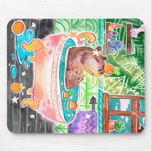 Capybara in Bath Tub with Oranges Mouse Pad