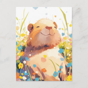 Capybara in Colorful Summer Wildflower Meadow Postcard